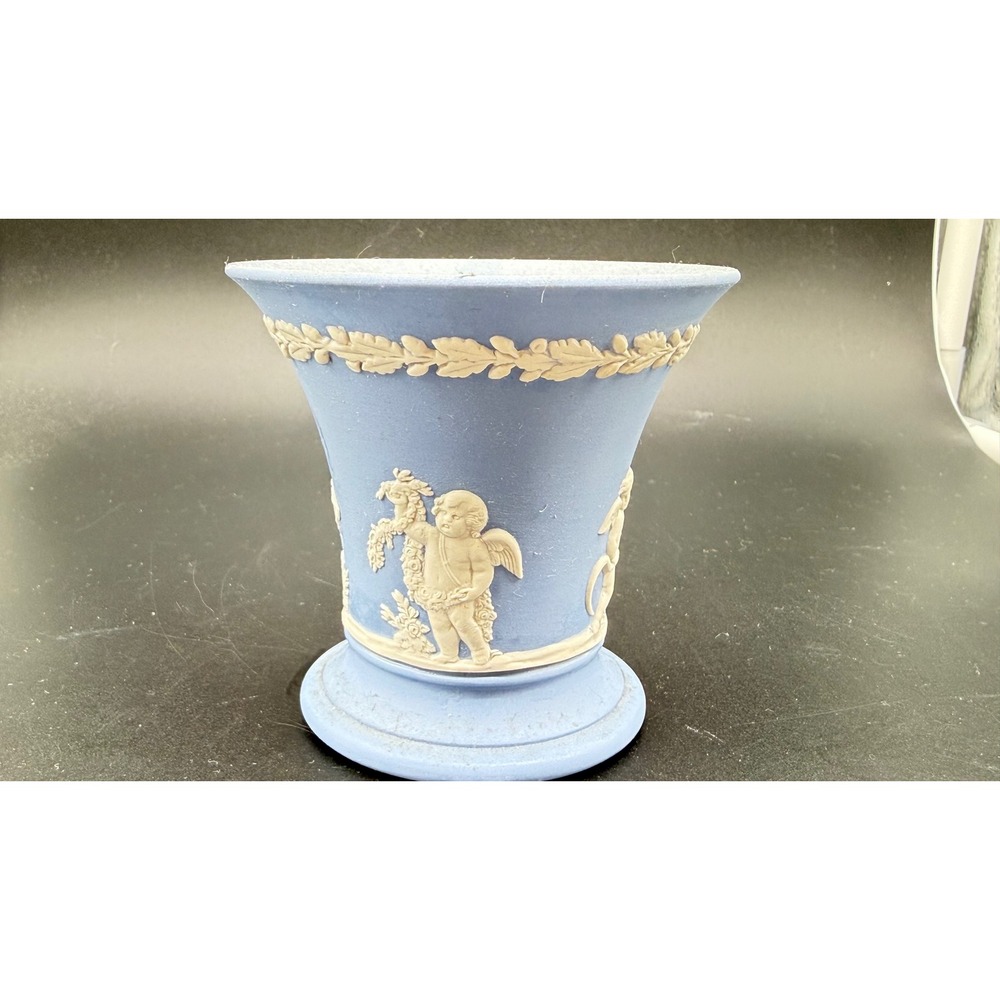 Wedgwood Jasperware Blue Mini Vase Cherub Neoclassical White Relief 3.75 Inch